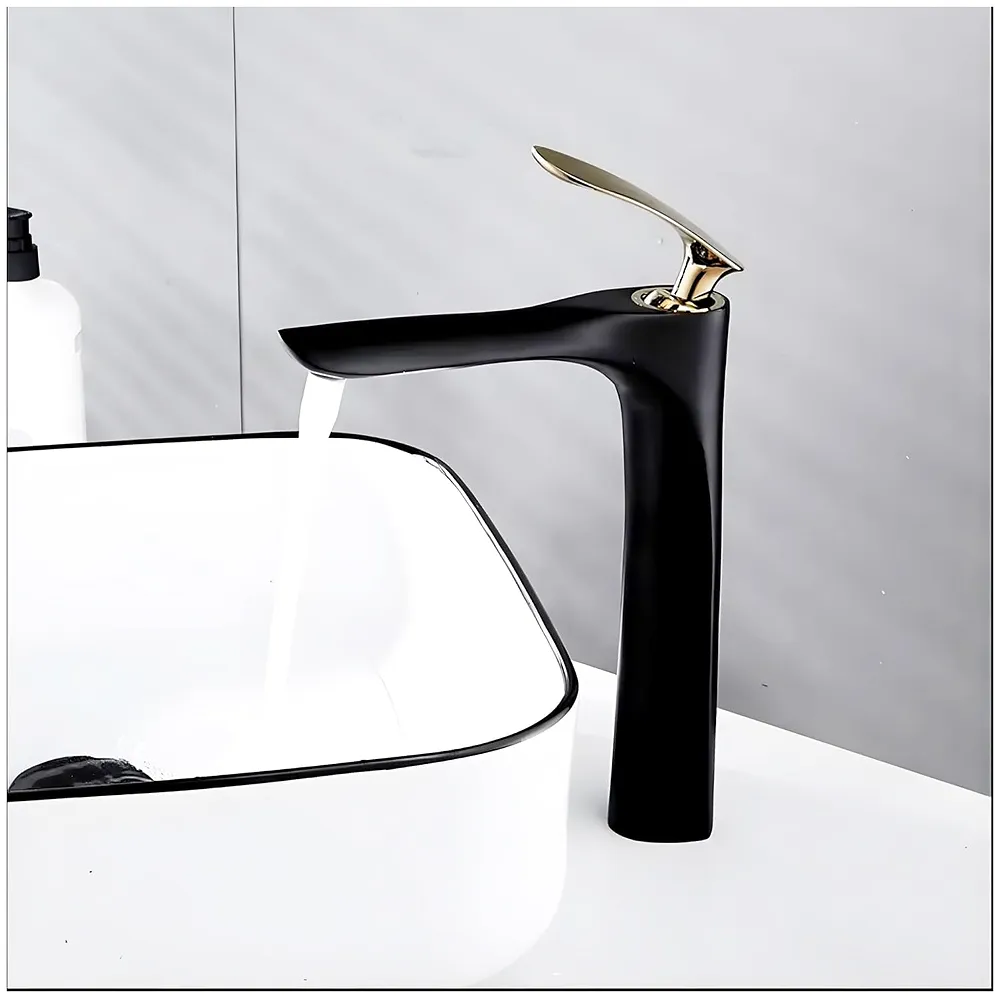 Black Gold Faucet Tap Mixer Hot and Cold Water Heavy Single Lever Basin Mixer 12 inches with Connector Pipes and Ceramic Cartridge for Bathroom Wash Basins Premium