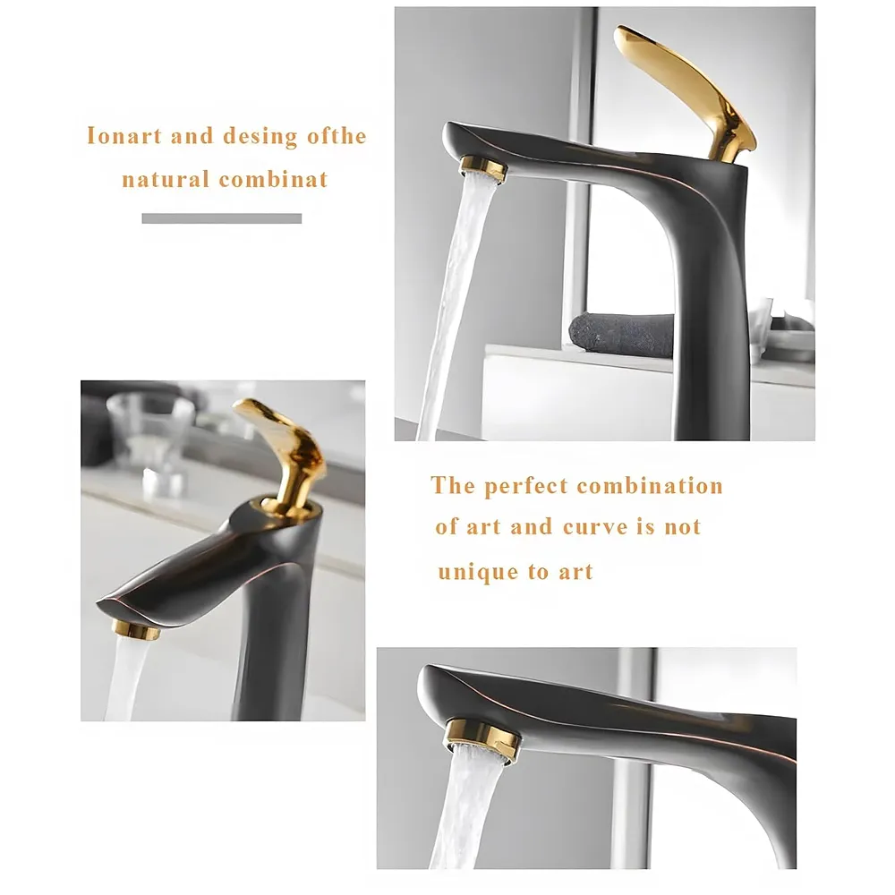 Black Gold Faucet Tap Mixer Hot and Cold Water Heavy Single Lever Basin Mixer 12 inches with Connector Pipes and Ceramic Cartridge for Bathroom Wash Basins Premium