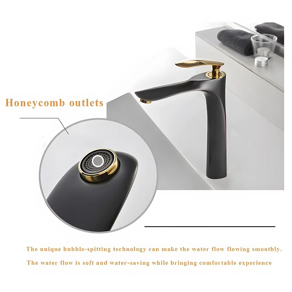 Black Gold Faucet Tap Mixer Hot and Cold Water Heavy Single Lever Basin Mixer 12 inches with Connector Pipes and Ceramic Cartridge for Bathroom Wash Basins Premium
