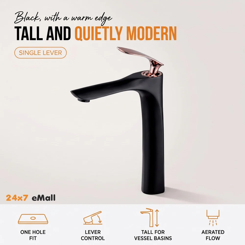 Black Rose Gold Faucet Tap Mixer Hot and Cold Water Heavy Single Lever Basin Mixer 12 inches with Connector Pipes and Ceramic Cartridge for Bathroom Wash Basins