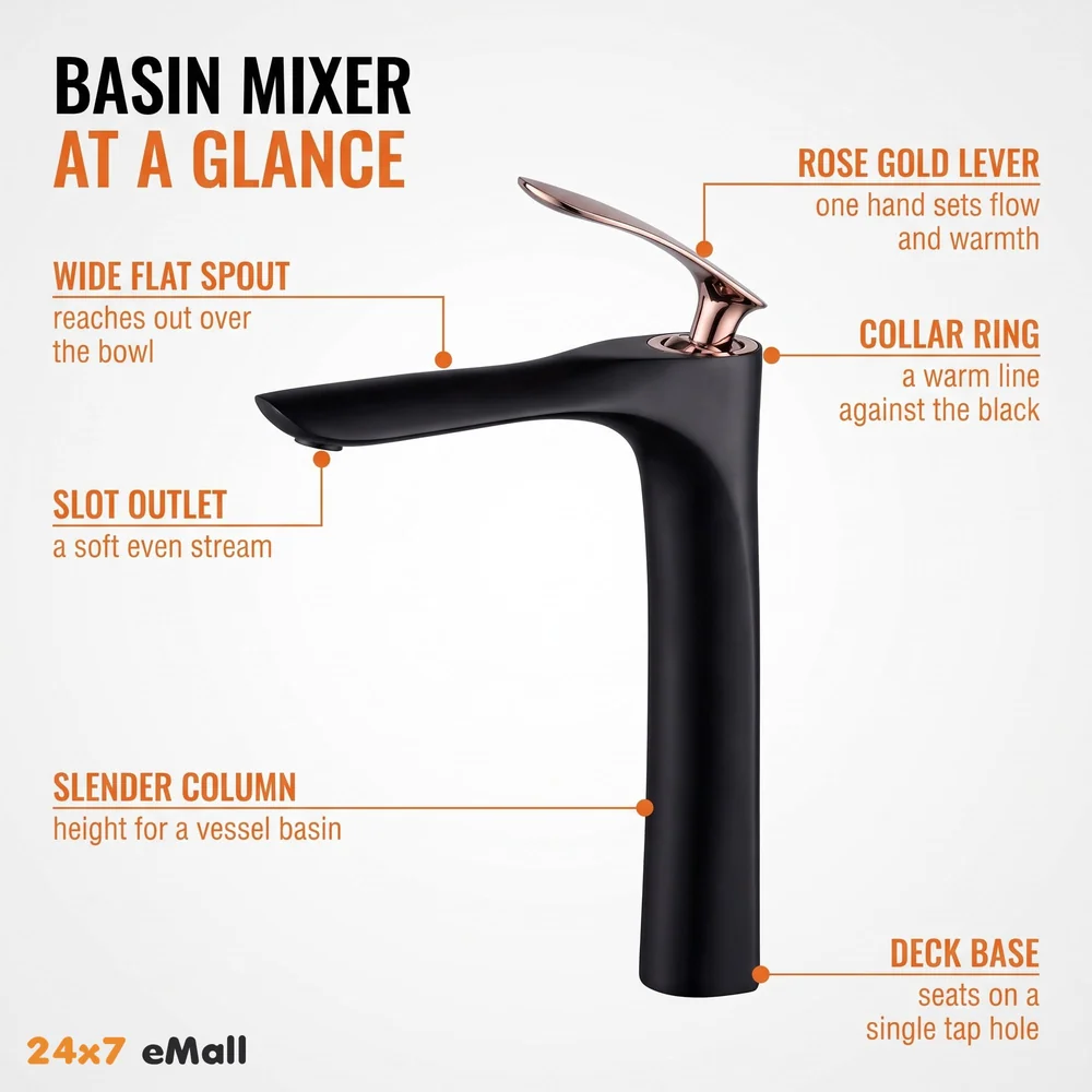 Black Rose Gold Faucet Tap Mixer Hot and Cold Water Heavy Single Lever Basin Mixer 12 inches with Connector Pipes and Ceramic Cartridge for Bathroom Wash Basins