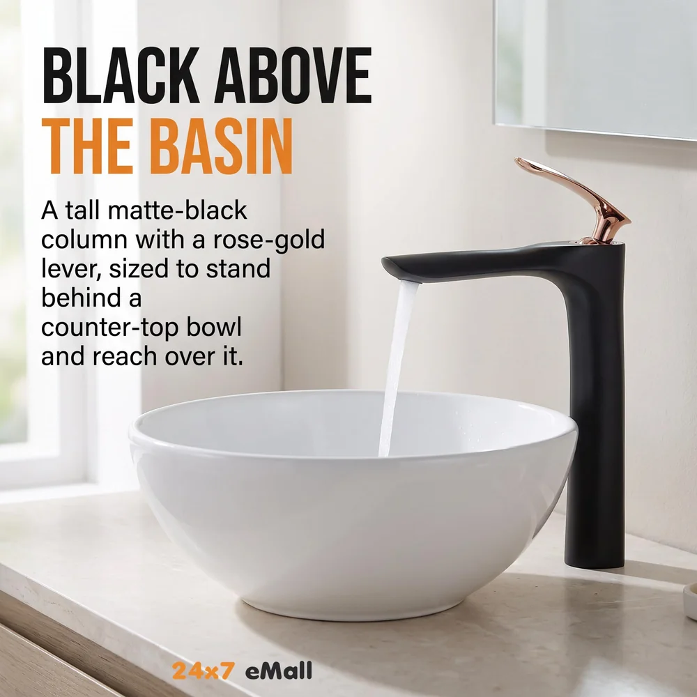 Black Rose Gold Faucet Tap Mixer Hot and Cold Water Heavy Single Lever Basin Mixer 12 inches with Connector Pipes and Ceramic Cartridge for Bathroom Wash Basins
