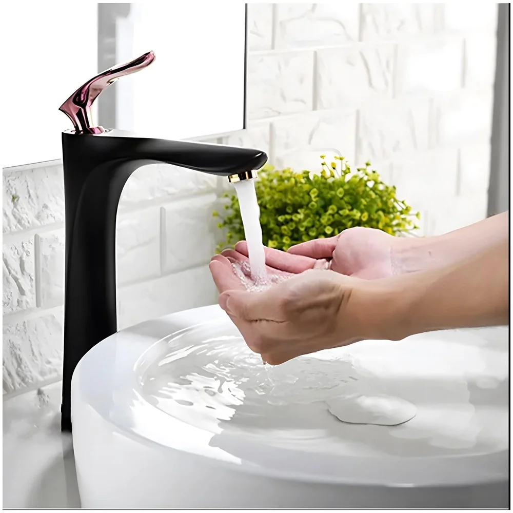 Black Rose Gold Faucet Tap Mixer Hot and Cold Water Heavy Single Lever Basin Mixer 12 inches with Connector Pipes and Ceramic Cartridge for Bathroom Wash Basins