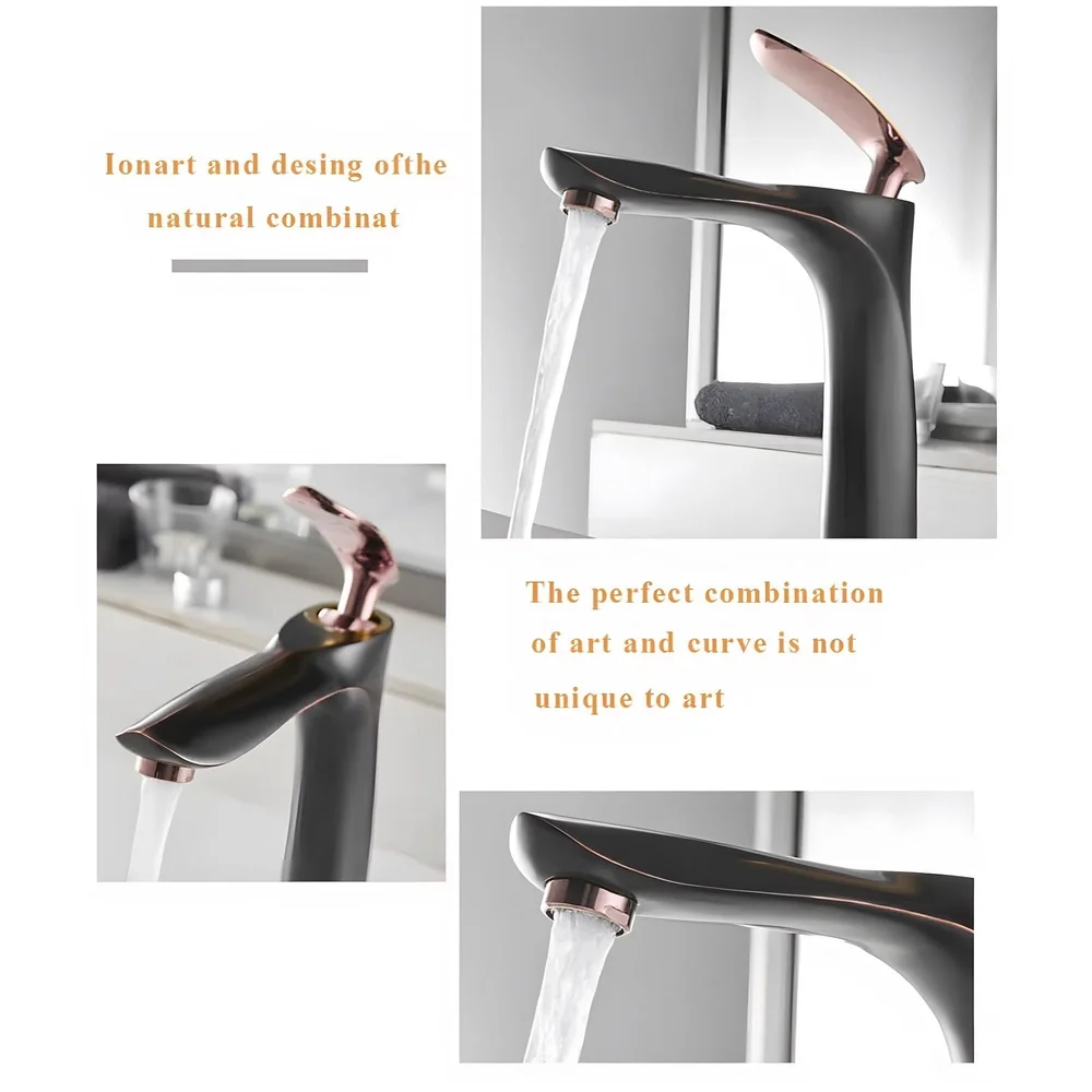Black Rose Gold Faucet Tap Mixer Hot and Cold Water Heavy Single Lever Basin Mixer 12 inches with Connector Pipes and Ceramic Cartridge for Bathroom Wash Basins
