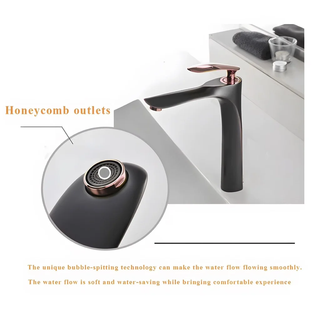 Black Rose Gold Faucet Tap Mixer Hot and Cold Water Heavy Single Lever Basin Mixer 12 inches with Connector Pipes and Ceramic Cartridge for Bathroom Wash Basins