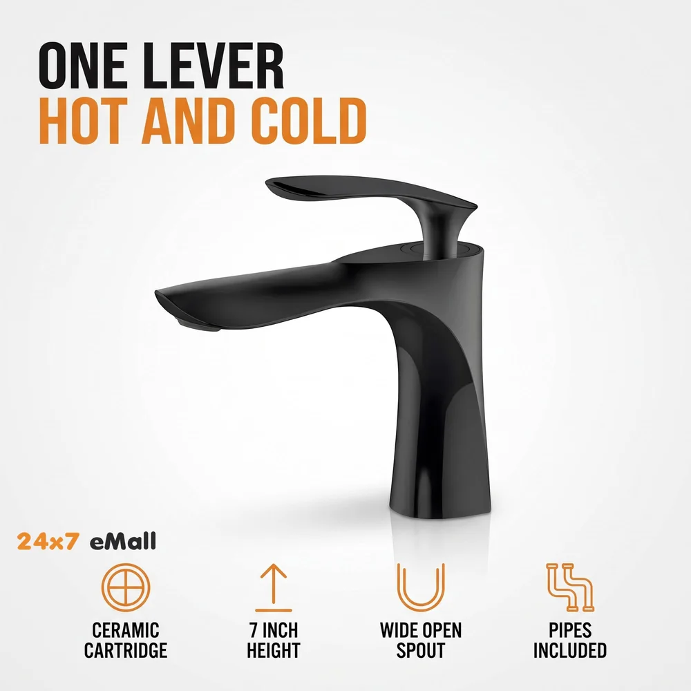 Black Faucet Tap Mixer Hot and Cold Water Heavy Single Lever Basin Mixer 7 inches with Connector Pipes and Ceramic Cartridge for Bathroom Wash Basins - 18cm x 5cm
