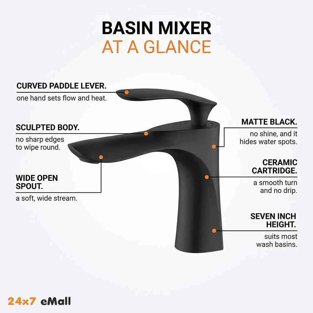 Black Faucet Tap Mixer Hot and Cold Water Heavy Single Lever Basin Mixer 7 inches with Connector Pipes and Ceramic Cartridge for Bathroom Wash Basins - 18cm x 5cm