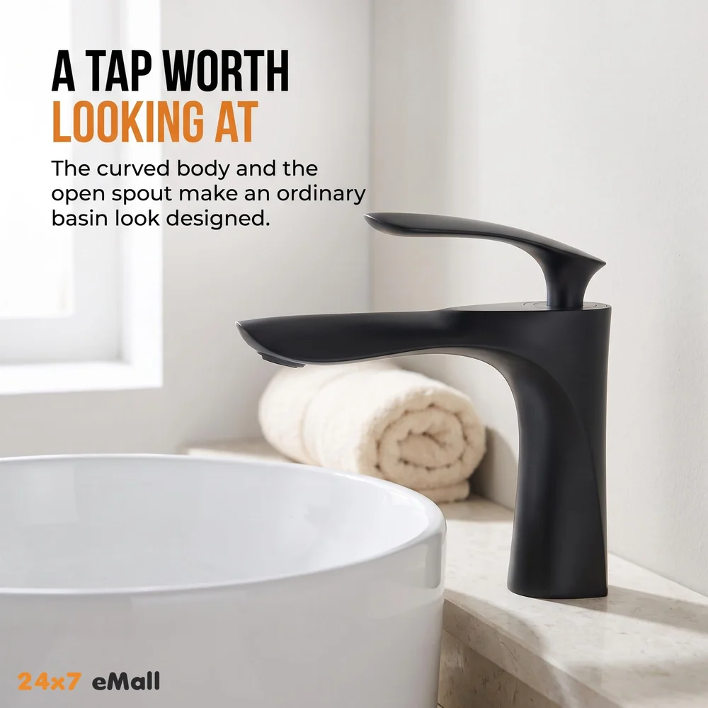 Black Faucet Tap Mixer Hot and Cold Water Heavy Single Lever Basin Mixer 7 inches with Connector Pipes and Ceramic Cartridge for Bathroom Wash Basins - 18cm x 5cm