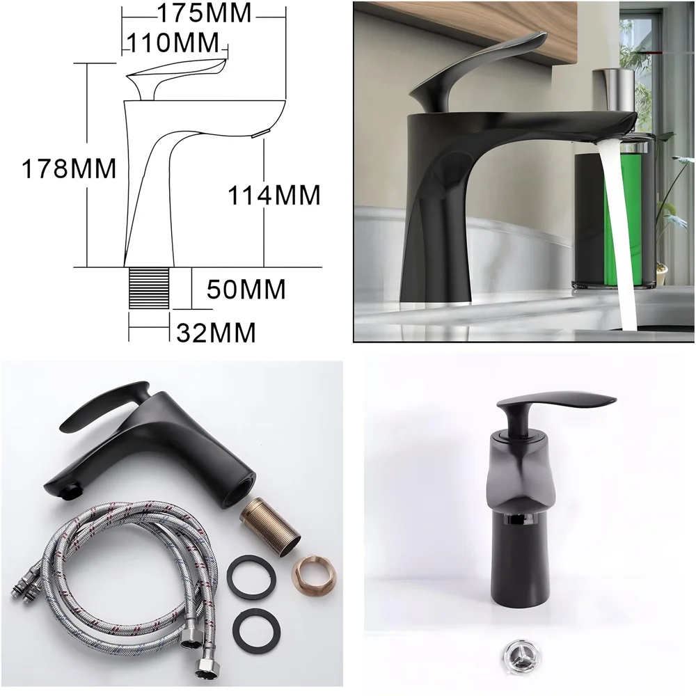 Black Faucet Tap Mixer Hot and Cold Water Heavy Single Lever Basin Mixer 7 inches with Connector Pipes and Ceramic Cartridge for Bathroom Wash Basins - 18cm x 5cm