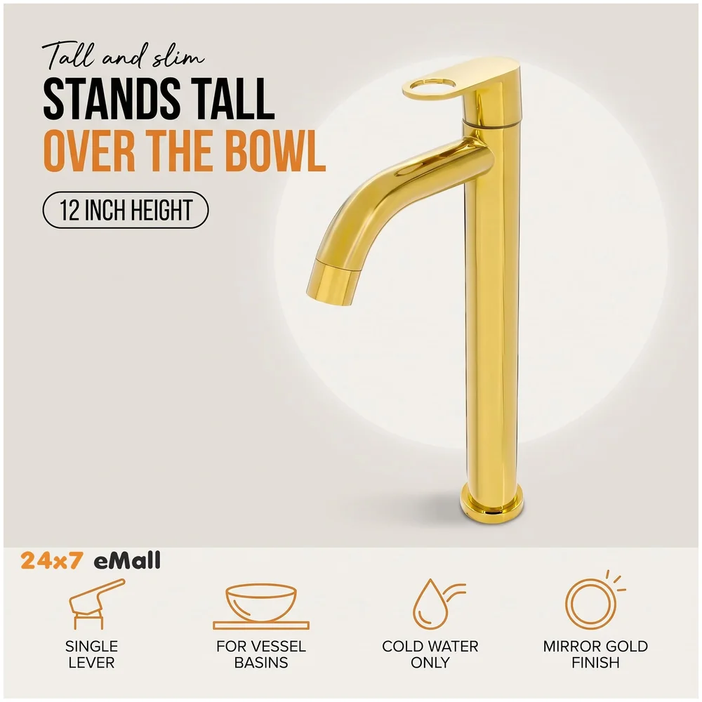 SS Tall Body Pillar Cock 12 inch Gold Faucet Waterfall Golden
