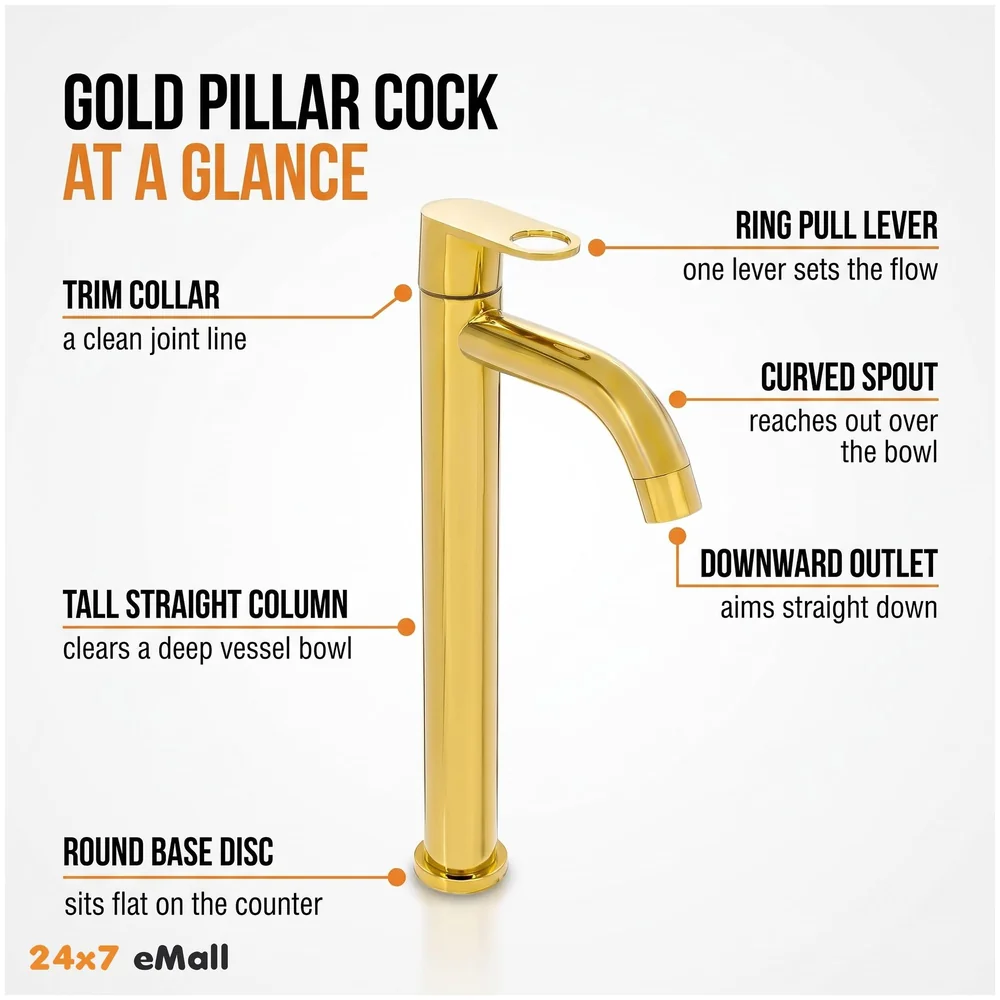 SS Tall Body Pillar Cock 12 inch Gold Faucet Waterfall Golden