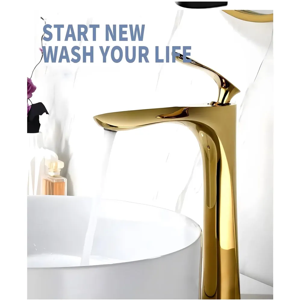 Modern Single Handle Gold Tall Vessel Sink Bathroom Faucet, Mixer Gold Golden Bathroom Wash Room One Hole Lavatory Basin Vanity Mixer Tap 12 inches