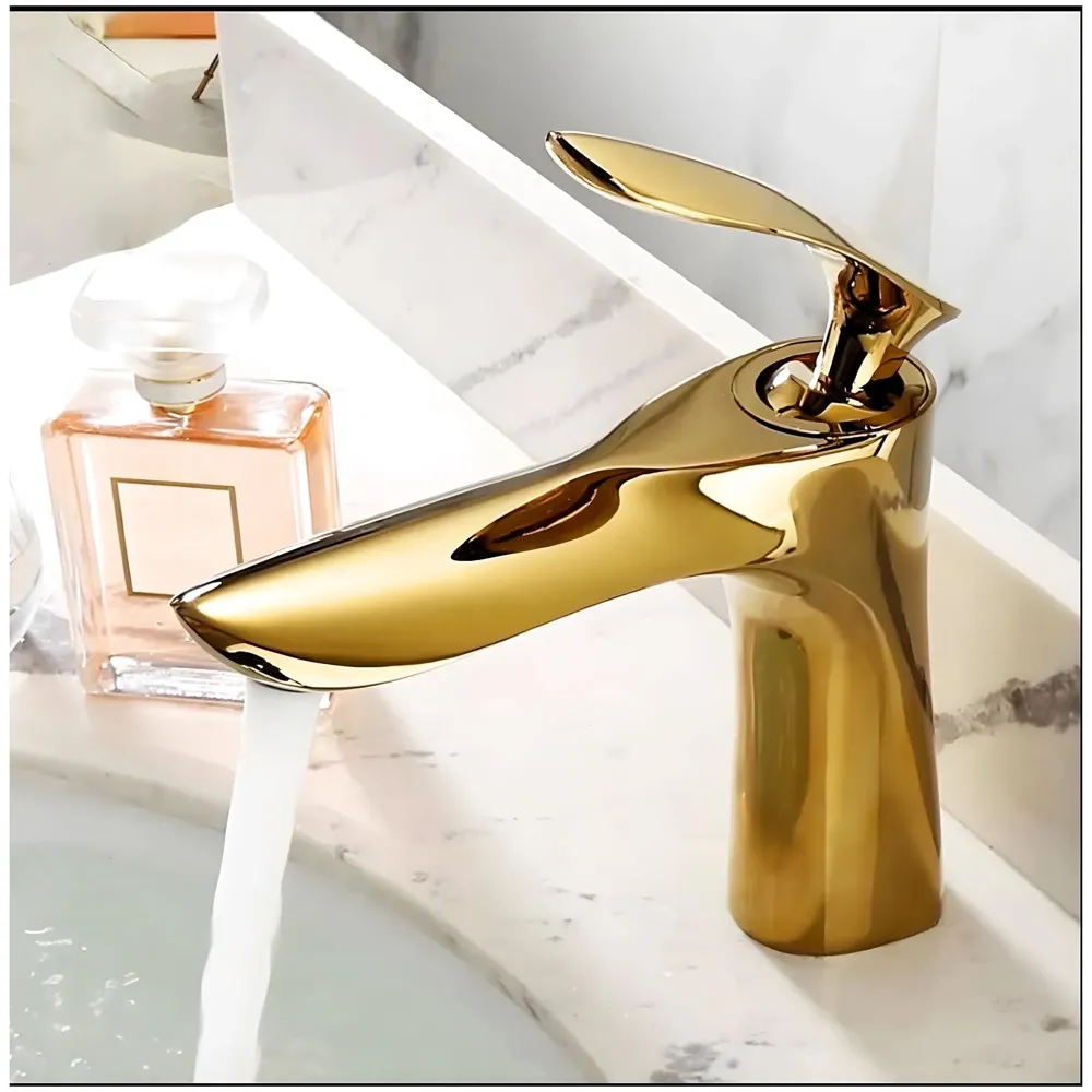 Gold Faucet Tap Mixer Hot and Cold Water Heavy Single Lever Basin Mixer 7 inches with Connector Pipes and Ceramic Cartridge for Bathroom Wash Basins