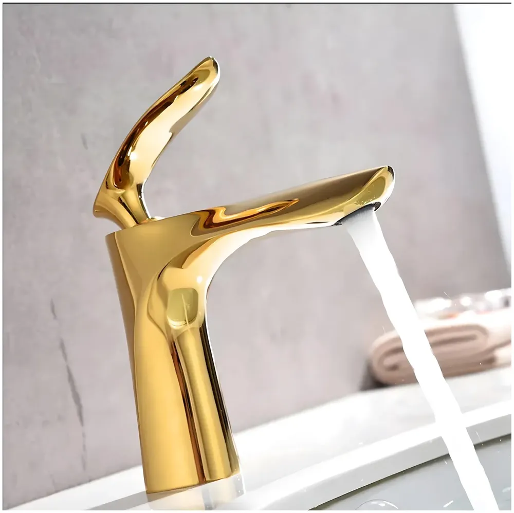 Gold Faucet Tap Mixer Hot and Cold Water Heavy Single Lever Basin Mixer 7 inches with Connector Pipes and Ceramic Cartridge for Bathroom Wash Basins