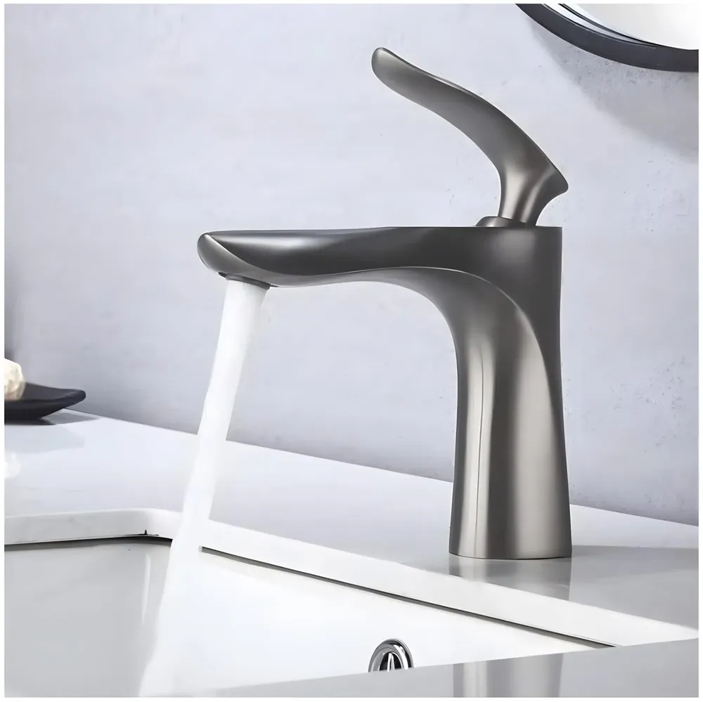 Grey Faucet Tap Mixer Hot and Cold Water Heavy Single Lever Basin Mixer 7 inches with Connector Pipes and Ceramic Cartridge for Bathroom Wash Basins