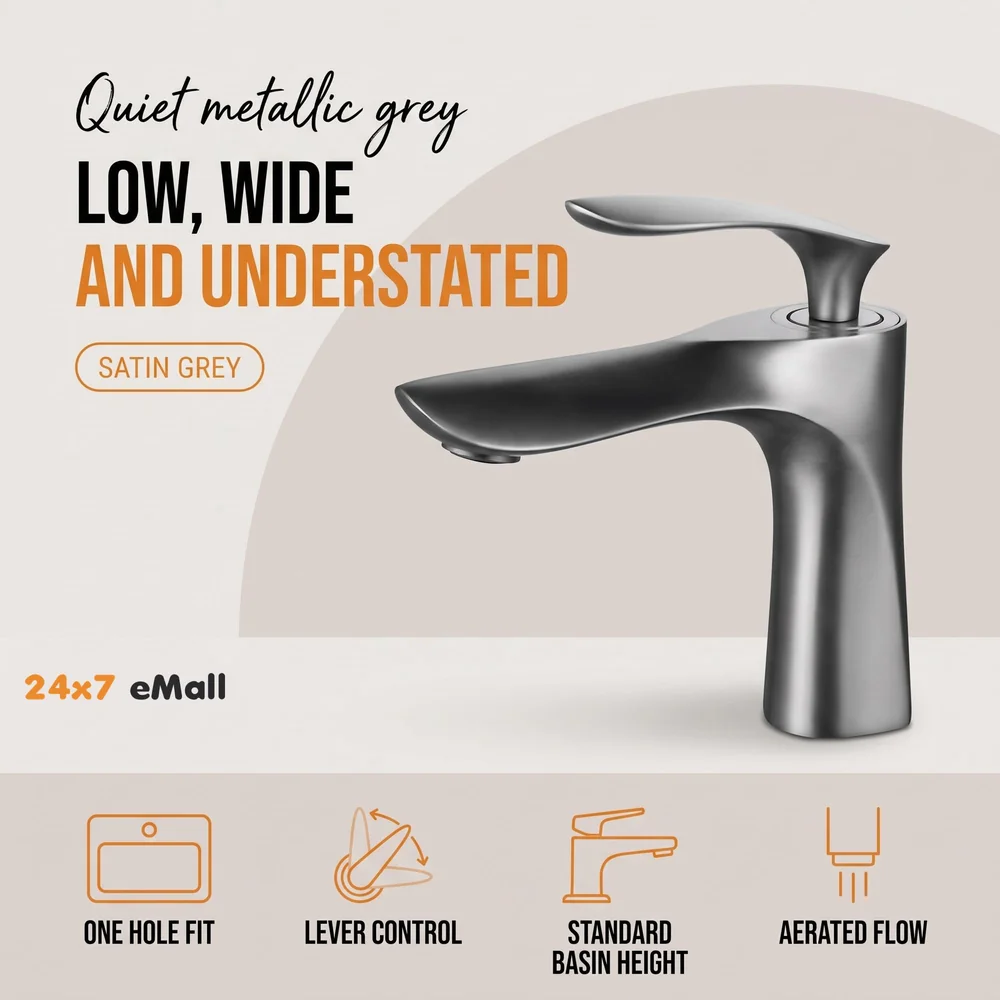 Grey Faucet Tap Mixer Hot and Cold Water Heavy Single Lever Basin Mixer 7 inches with Connector Pipes and Ceramic Cartridge for Bathroom Wash Basins