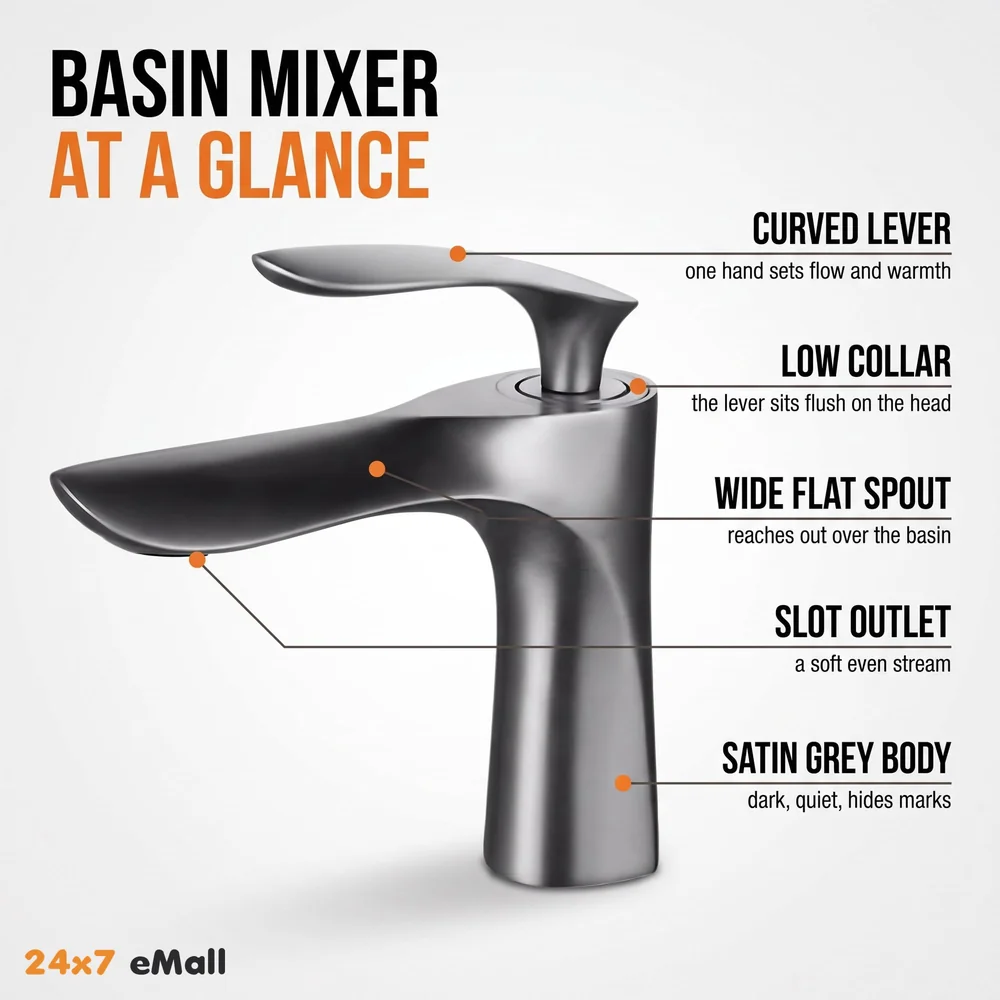 Grey Faucet Tap Mixer Hot and Cold Water Heavy Single Lever Basin Mixer 7 inches with Connector Pipes and Ceramic Cartridge for Bathroom Wash Basins