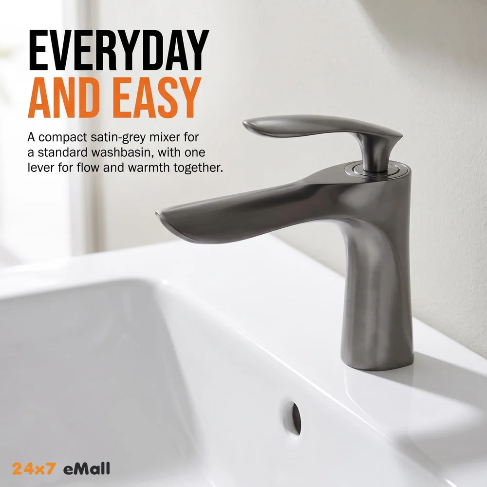 Grey Faucet Tap Mixer Hot and Cold Water Heavy Single Lever Basin Mixer 7 inches with Connector Pipes and Ceramic Cartridge for Bathroom Wash Basins