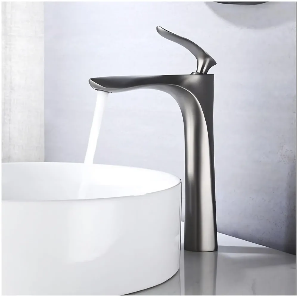 Metallic Grey Faucet Tap Mixer Hot and Cold Water Heavy Single Lever Basin Mixer 12 inches with Connector Pipes and Ceramic Cartridge for Bathroom Wash Basins