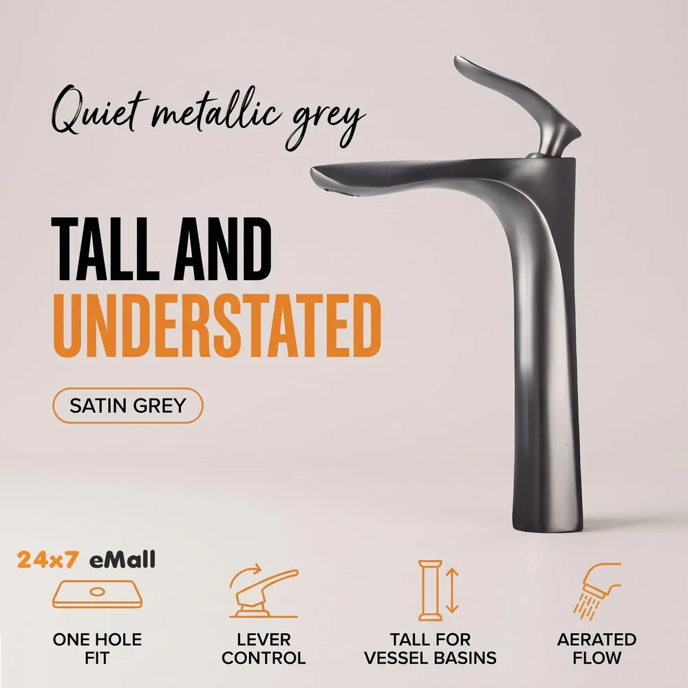 Metallic Grey Faucet Tap Mixer Hot and Cold Water Heavy Single Lever Basin Mixer 12 inches with Connector Pipes and Ceramic Cartridge for Bathroom Wash Basins