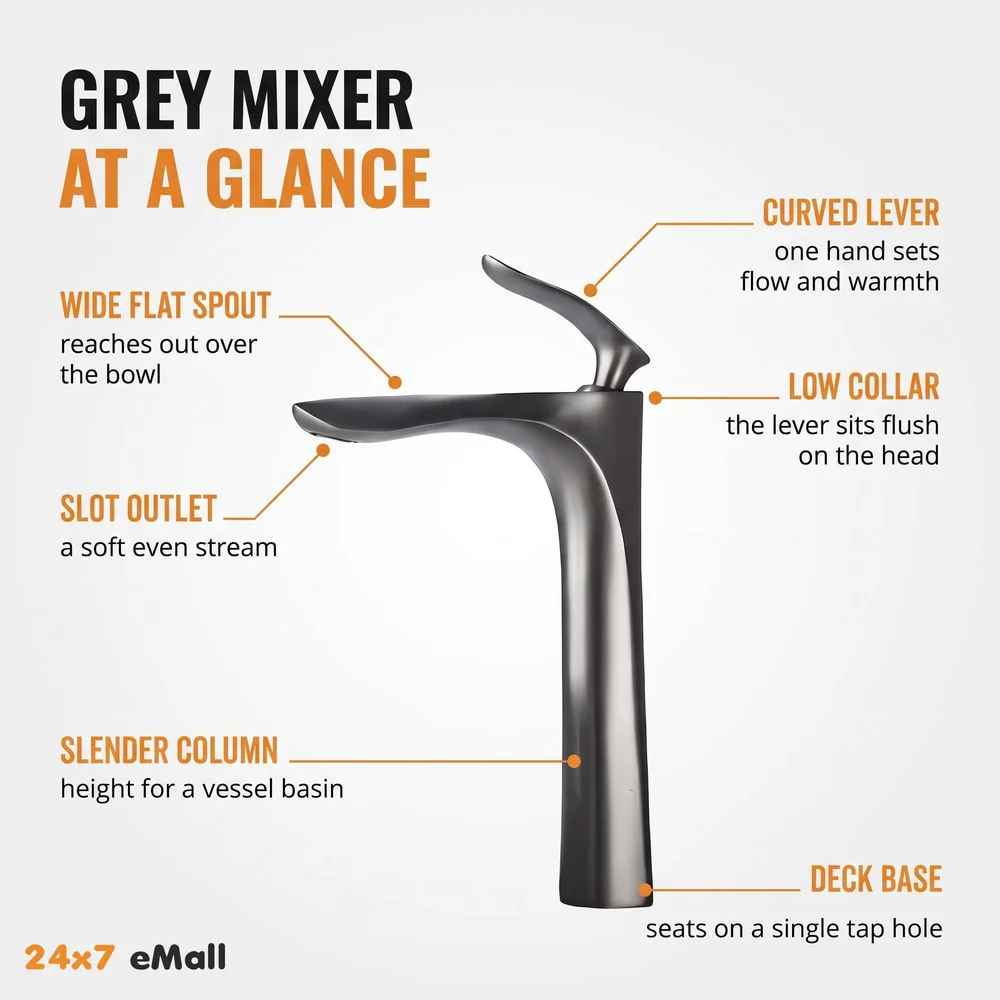 Metallic Grey Faucet Tap Mixer Hot and Cold Water Heavy Single Lever Basin Mixer 12 inches with Connector Pipes and Ceramic Cartridge for Bathroom Wash Basins