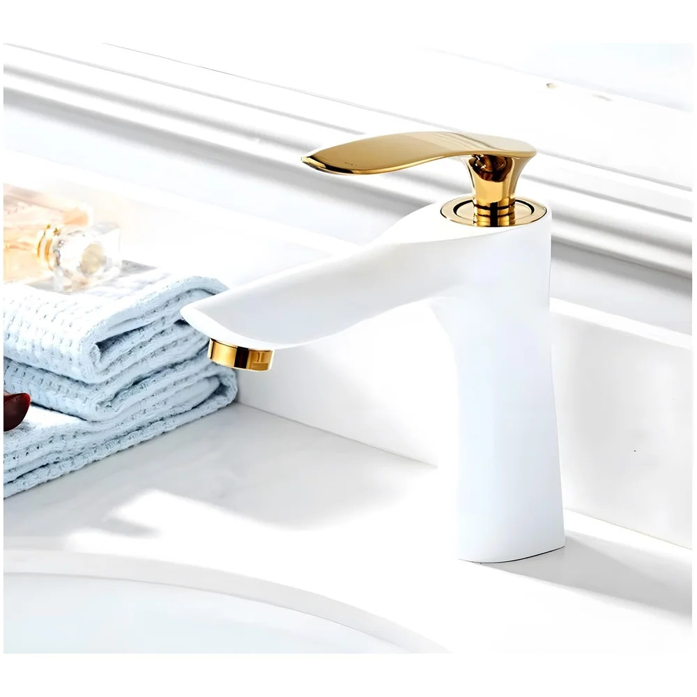 White Gold Faucet Tap Mixer Hot and Cold Water Heavy Single Lever Basin Mixer 7 inches with Connector Pipes and Ceramic Cartridge for Bathroom Wash Basins