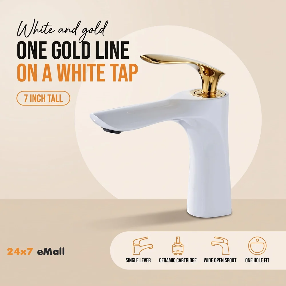 White Gold Faucet Tap Mixer Hot and Cold Water Heavy Single Lever Basin Mixer 7 inches with Connector Pipes and Ceramic Cartridge for Bathroom Wash Basins