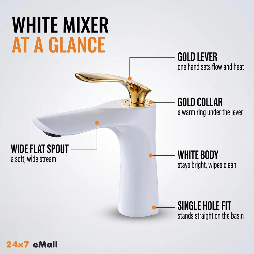 White Gold Faucet Tap Mixer Hot and Cold Water Heavy Single Lever Basin Mixer 7 inches with Connector Pipes and Ceramic Cartridge for Bathroom Wash Basins