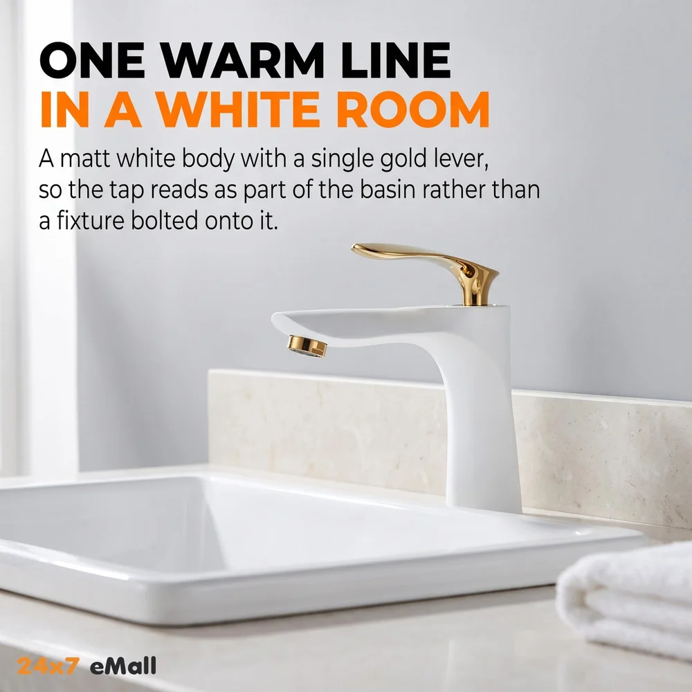 White Gold Faucet Tap Mixer Hot and Cold Water Heavy Single Lever Basin Mixer 7 inches with Connector Pipes and Ceramic Cartridge for Bathroom Wash Basins