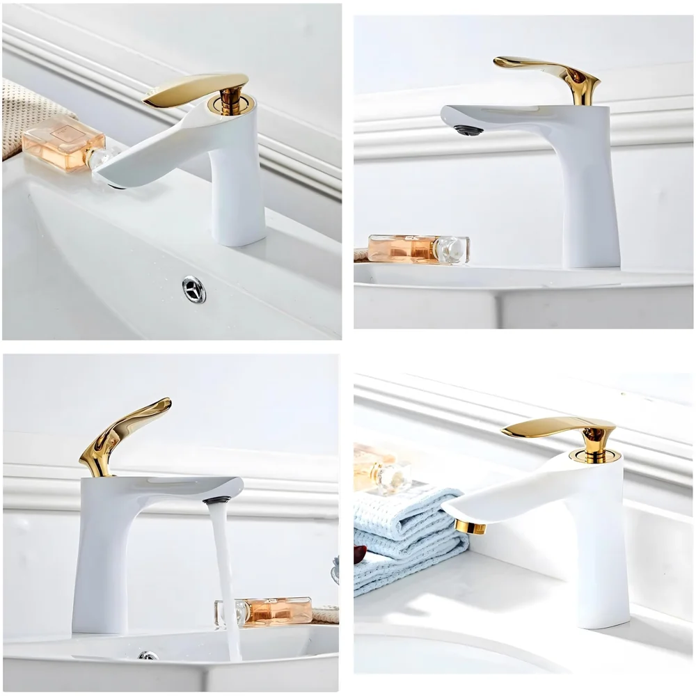 White Gold Faucet Tap Mixer Hot and Cold Water Heavy Single Lever Basin Mixer 7 inches with Connector Pipes and Ceramic Cartridge for Bathroom Wash Basins