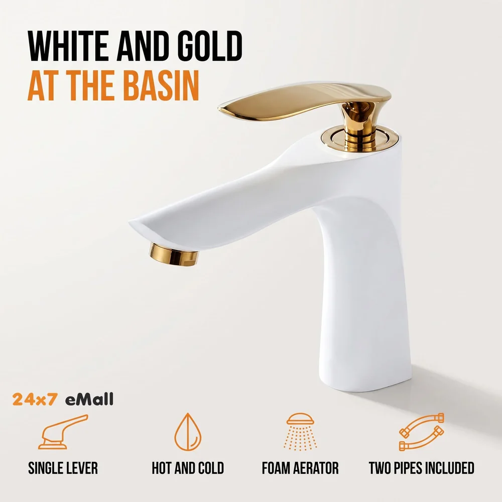 White Gold Faucet Tap Mixer Hot and Cold Water Heavy Single Lever Basin Mixer 7 inches with Connector Pipes and Ceramic Cartridge for Bathroom Wash Basins