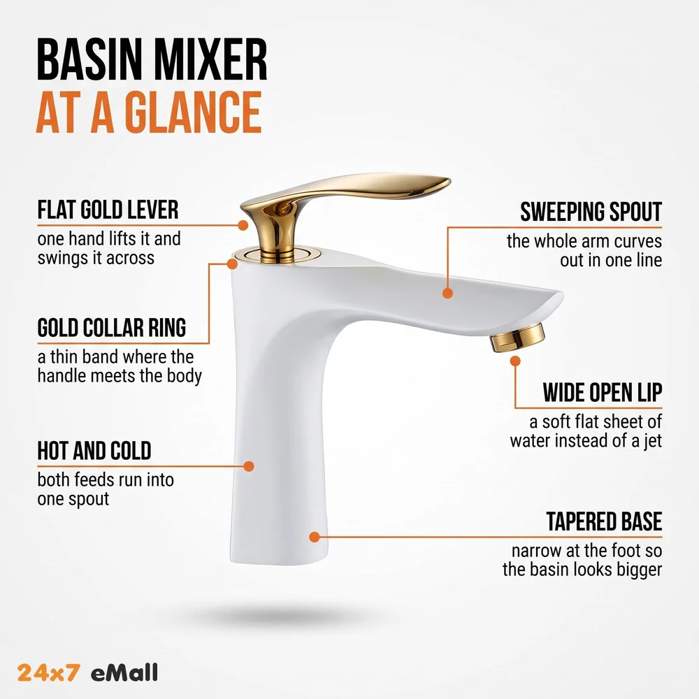 White Gold Faucet Tap Mixer Hot and Cold Water Heavy Single Lever Basin Mixer 7 inches with Connector Pipes and Ceramic Cartridge for Bathroom Wash Basins