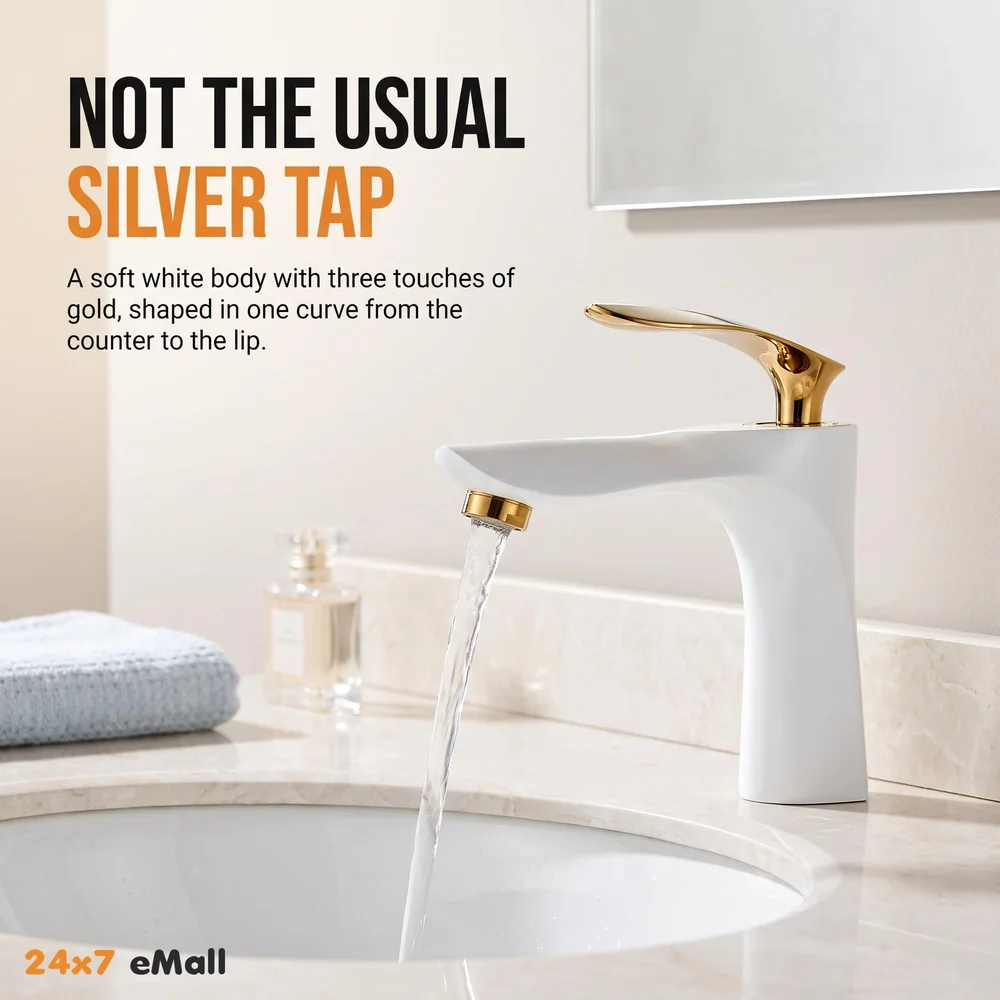 White Gold Faucet Tap Mixer Hot and Cold Water Heavy Single Lever Basin Mixer 7 inches with Connector Pipes and Ceramic Cartridge for Bathroom Wash Basins