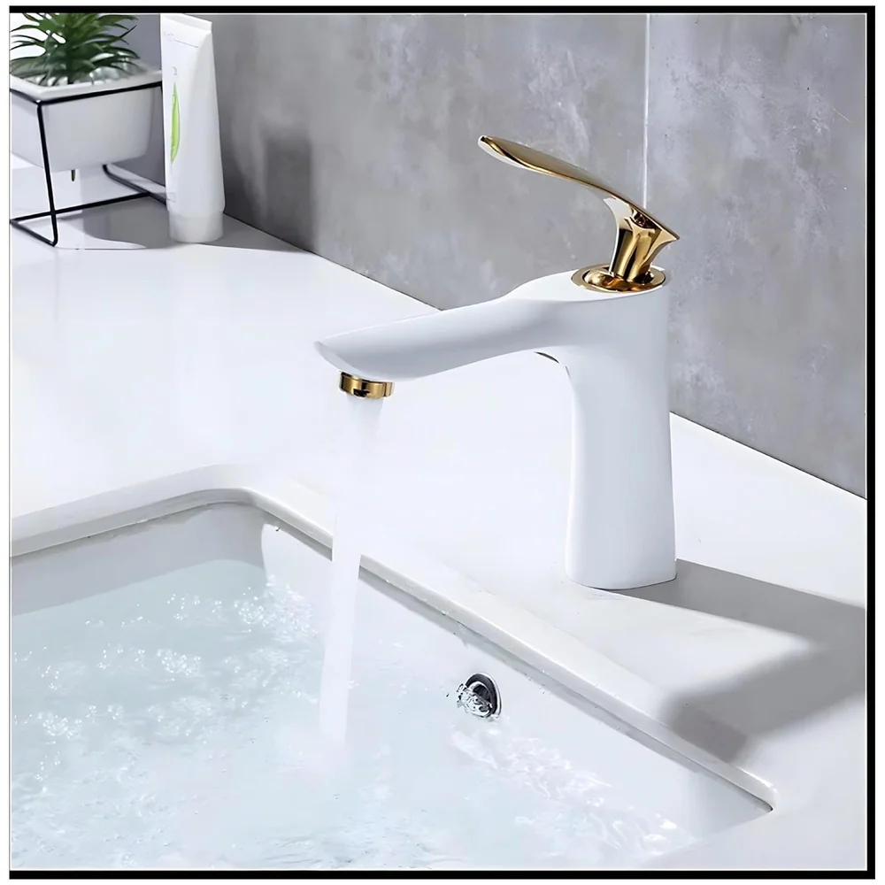 White Gold Faucet Tap Mixer Hot and Cold Water Heavy Single Lever Basin Mixer 7 inches with Connector Pipes and Ceramic Cartridge for Bathroom Wash Basins