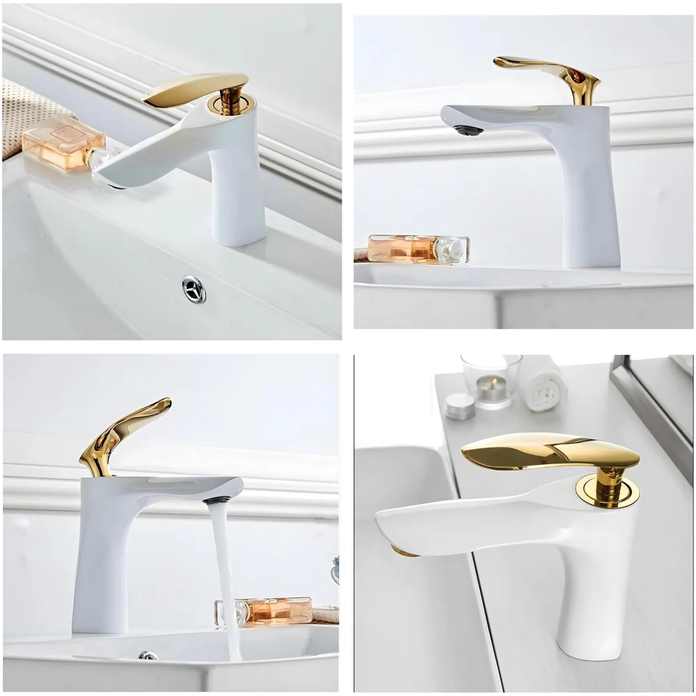 White Gold Faucet Tap Mixer Hot and Cold Water Heavy Single Lever Basin Mixer 7 inches with Connector Pipes and Ceramic Cartridge for Bathroom Wash Basins