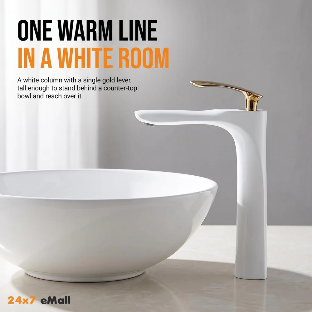 White Gold Faucet Tap Mixer Hot and Cold Water Heavy Single Lever Basin Mixer 12 inches with Connector Pipes and Ceramic Cartridge for Bathroom Wash Basins