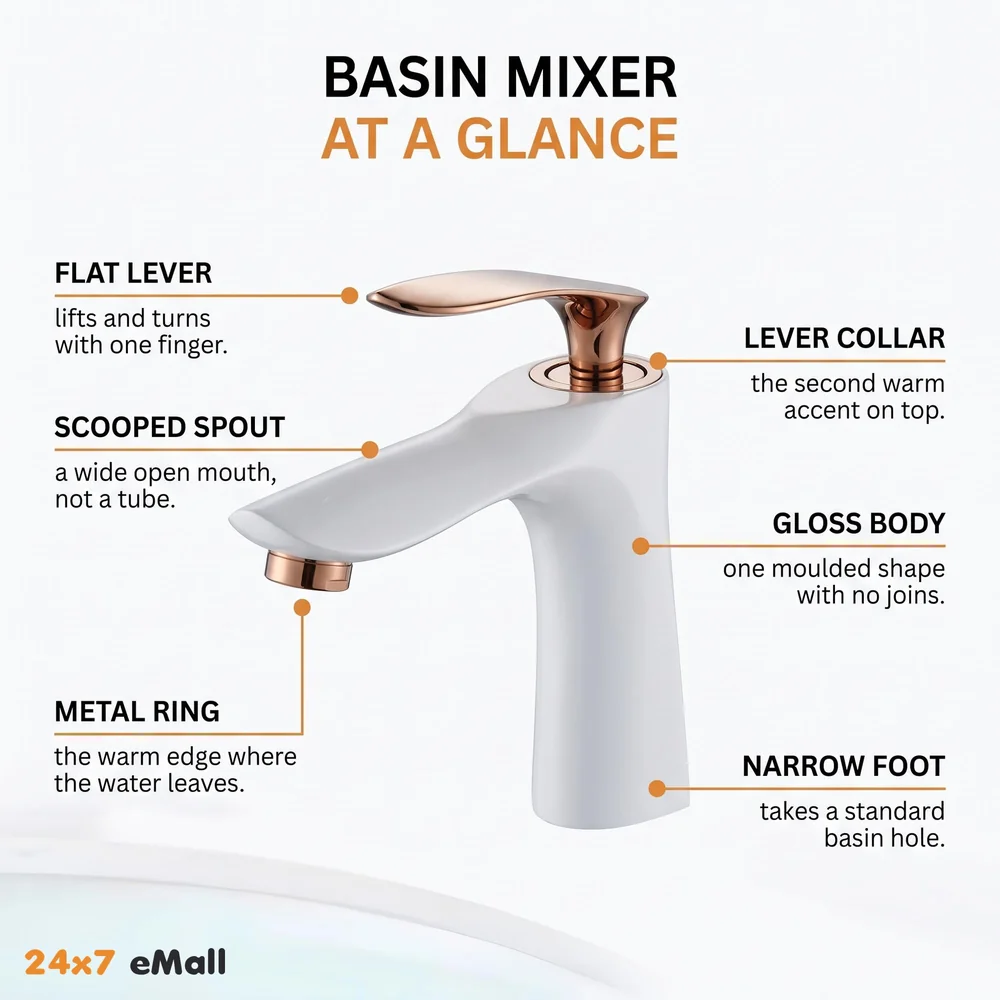 White Rose Gold Faucet Tap Mixer Hot and Cold Water Heavy Single Lever Basin Mixer 7 inches with Connector Pipes and Ceramic Cartridge for Bathroom Wash Basins