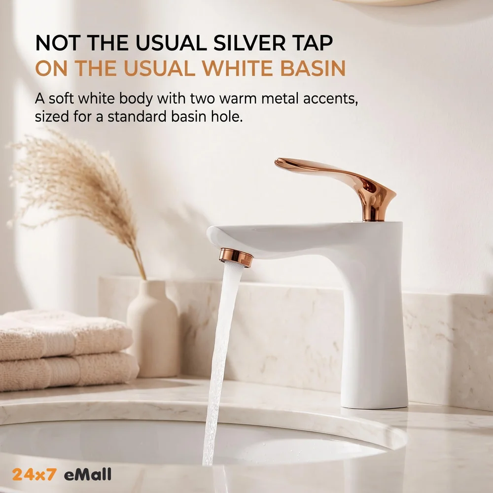 White Rose Gold Faucet Tap Mixer Hot and Cold Water Heavy Single Lever Basin Mixer 7 inches with Connector Pipes and Ceramic Cartridge for Bathroom Wash Basins