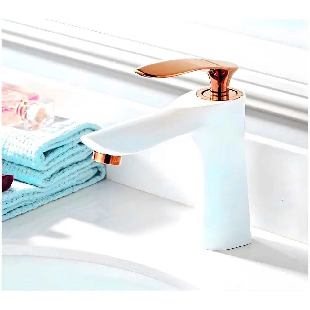 White Rose Gold Faucet Tap Mixer Hot and Cold Water Heavy Single Lever Basin Mixer 7 inches with Connector Pipes and Ceramic Cartridge for Bathroom Wash Basins