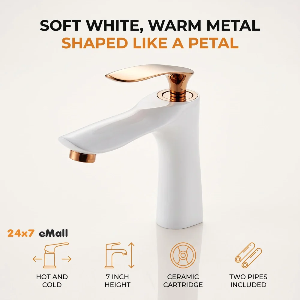 White Rose Gold Faucet Tap Mixer Hot and Cold Water Heavy Single Lever Basin Mixer 7 inches with Connector Pipes and Ceramic Cartridge for Bathroom Wash Basins