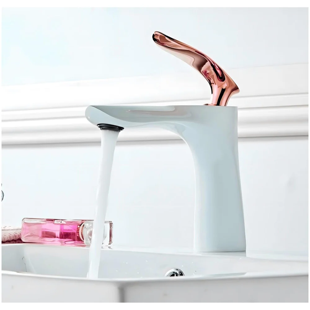 White Rose Gold Faucet Tap Mixer Hot and Cold Water Heavy Single Lever Basin Mixer 7 inches with Connector Pipes and Ceramic Cartridge for Bathroom Wash Basins