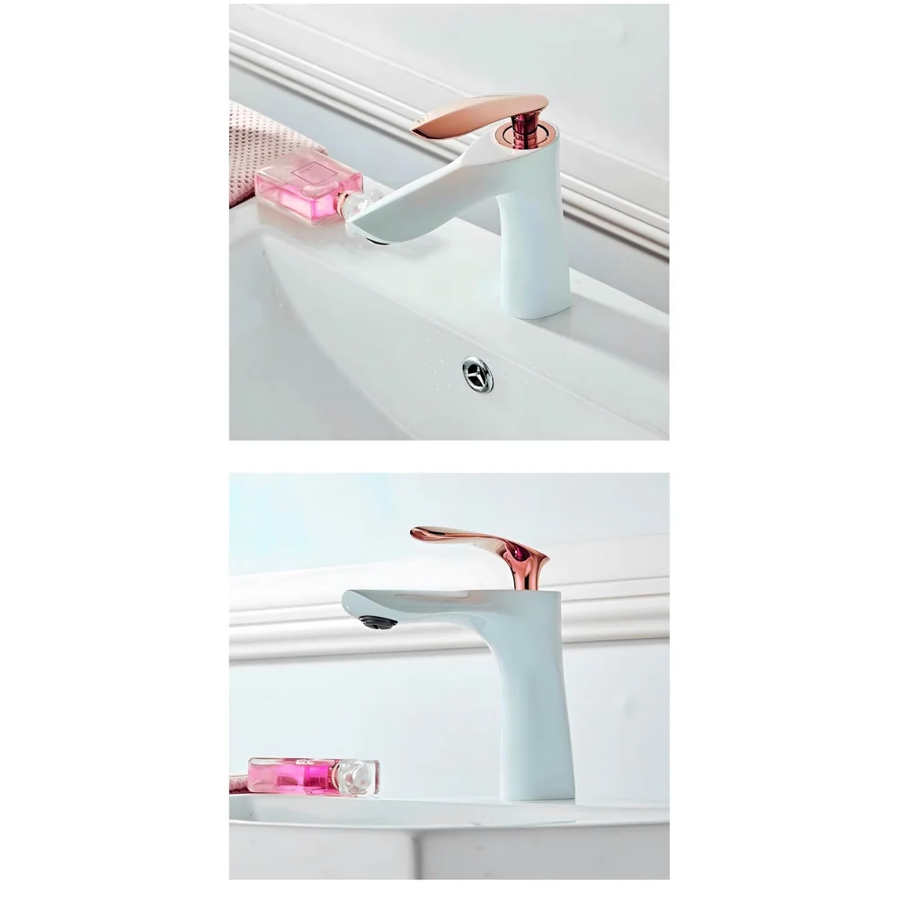 White Rose Gold Faucet Tap Mixer Hot and Cold Water Heavy Single Lever Basin Mixer 7 inches with Connector Pipes and Ceramic Cartridge for Bathroom Wash Basins