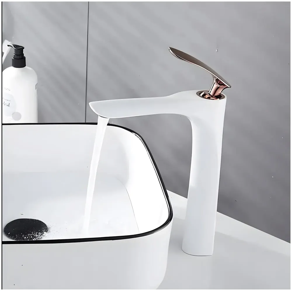 White Rose Gold Faucet Tap Mixer Hot and Cold Water Heavy Single Lever Basin Mixer 12 inches with Connector Pipes and Ceramic Cartridge for Bathroom Wash Basins