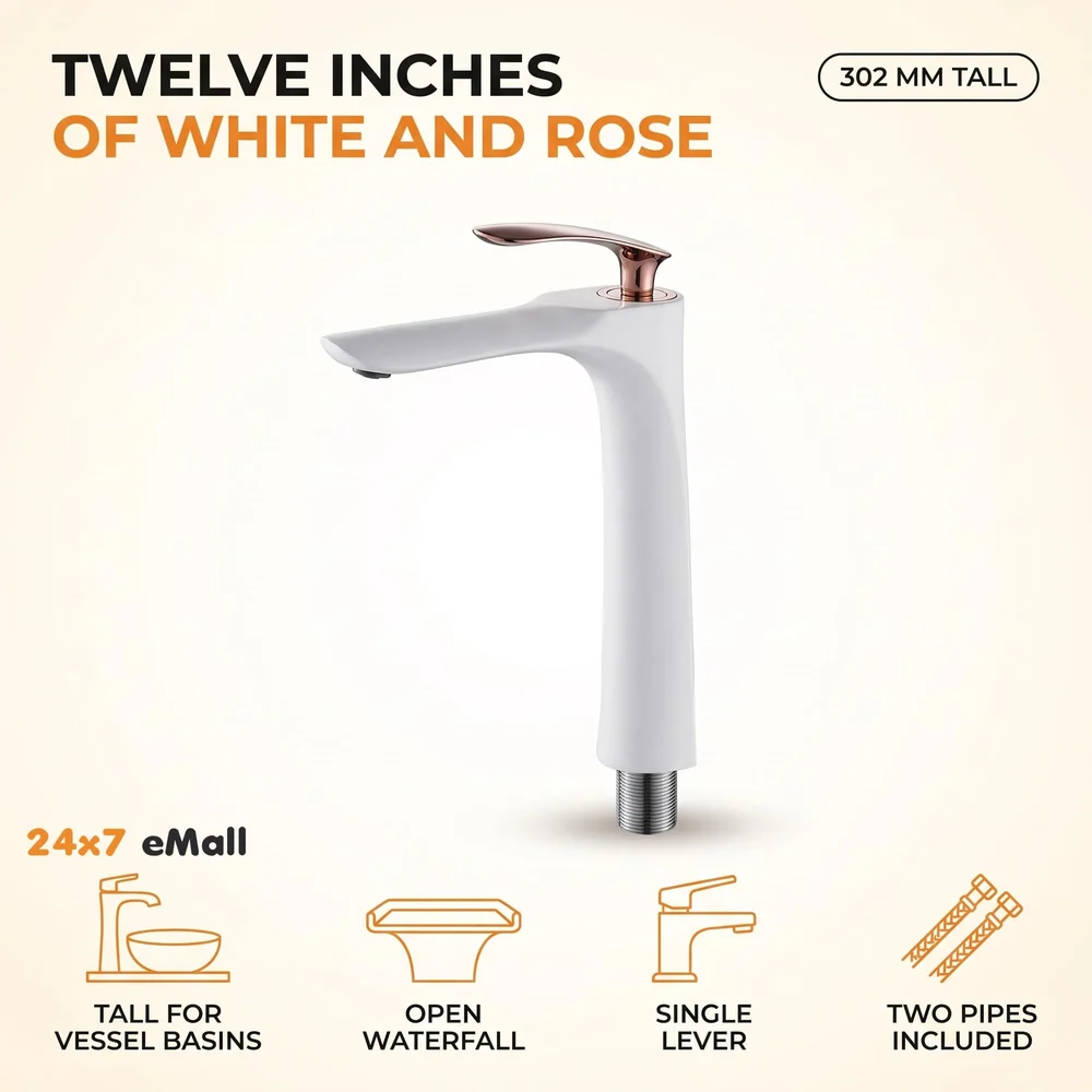 White Rose Gold Faucet Tap Mixer Hot and Cold Water Heavy Single Lever Basin Mixer 12 inches with Connector Pipes and Ceramic Cartridge for Bathroom Wash Basins