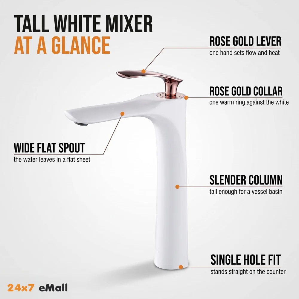 White Rose Gold Faucet Tap Mixer Hot and Cold Water Heavy Single Lever Basin Mixer 12 inches with Connector Pipes and Ceramic Cartridge for Bathroom Wash Basins