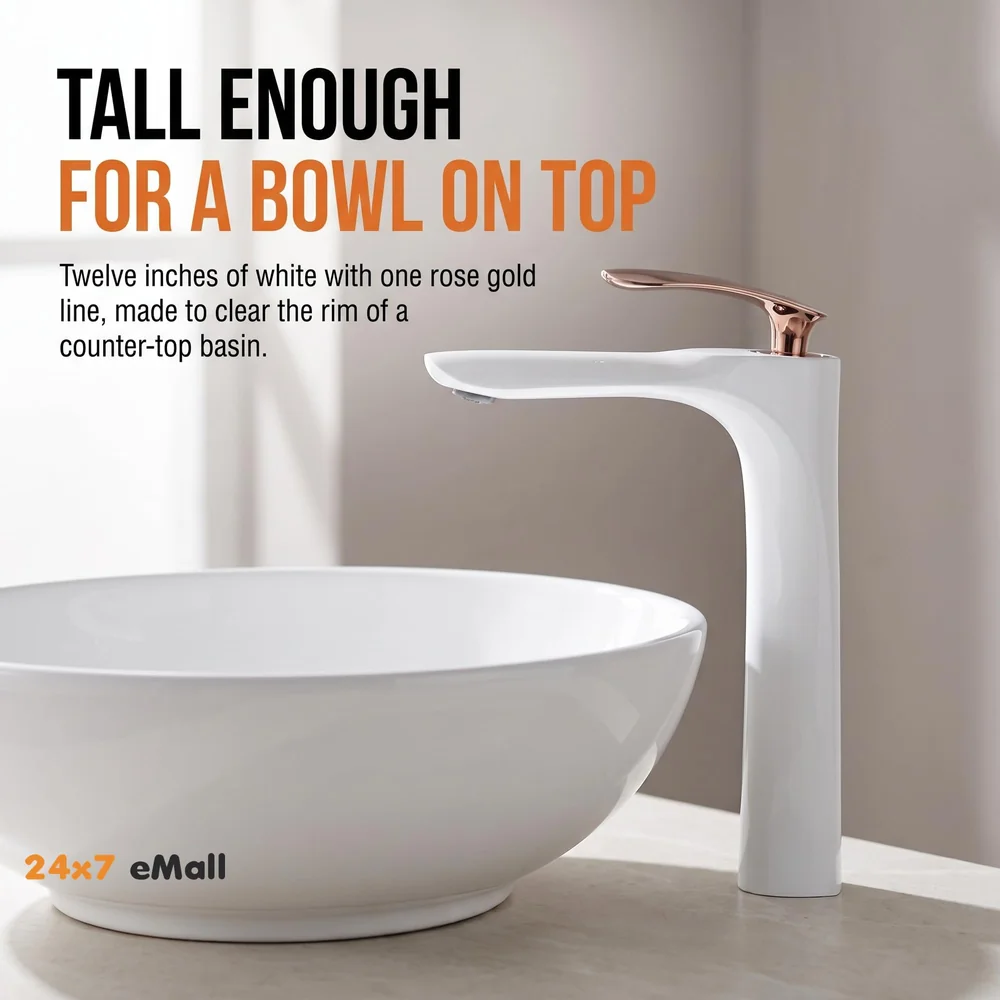 White Rose Gold Faucet Tap Mixer Hot and Cold Water Heavy Single Lever Basin Mixer 12 inches with Connector Pipes and Ceramic Cartridge for Bathroom Wash Basins