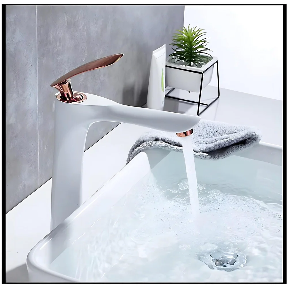 White Rose Gold Faucet Tap Mixer Hot and Cold Water Heavy Single Lever Basin Mixer 12 inches with Connector Pipes and Ceramic Cartridge for Bathroom Wash Basins