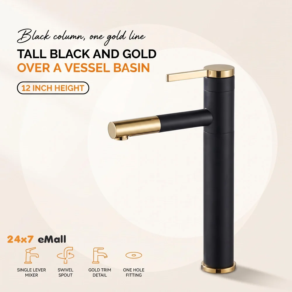 Black Gold Basin Tap Basin Mixer Faucet Tap Hot and Cold, Black Soft Foam Water for Bathroom Wash Basin Sink Toilets - 12 Inch Height