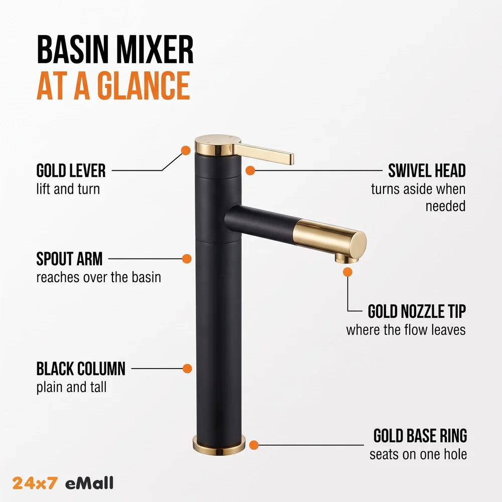Black Gold Basin Tap Basin Mixer Faucet Tap Hot and Cold, Black Soft Foam Water for Bathroom Wash Basin Sink Toilets - 12 Inch Height