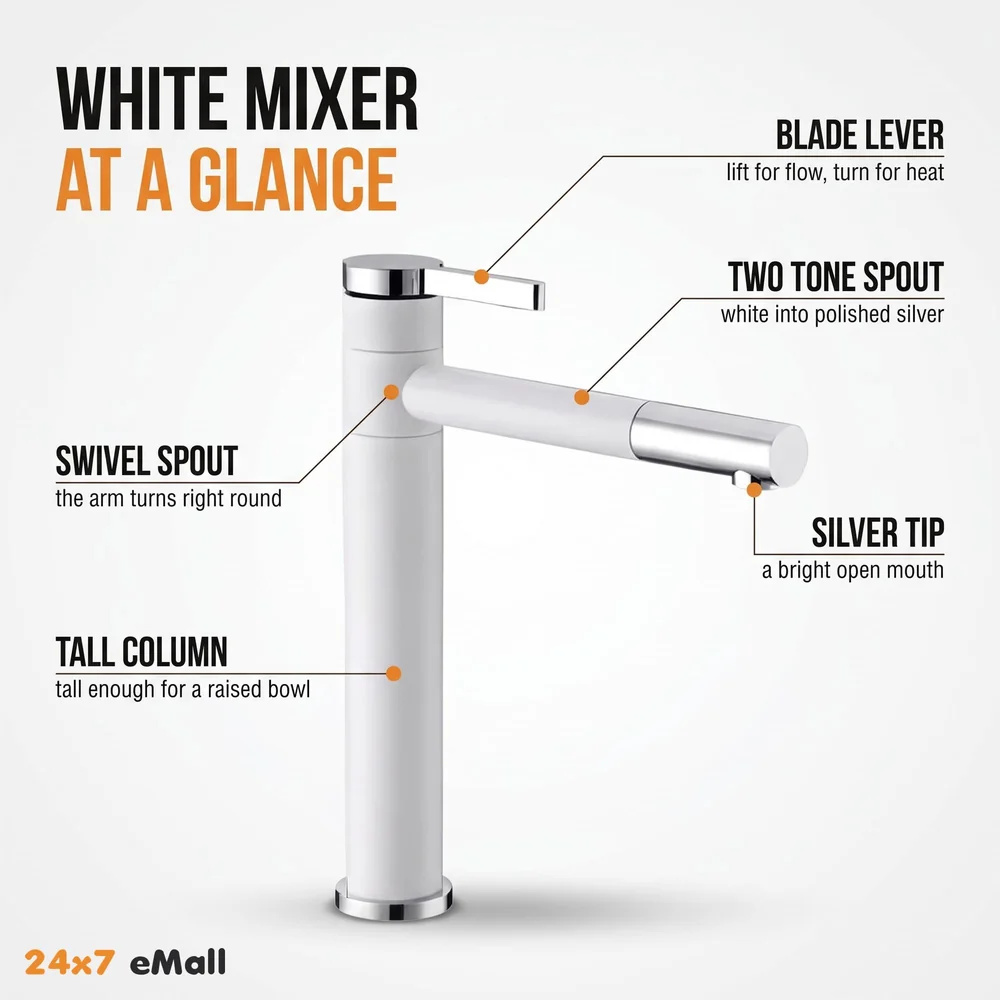 White Basin Tap Faucet Mixer for Bathroom Toilet Wash Basins Hot and Cold Water, 12 Inch Height Swivel Spout with 360 Rotation
